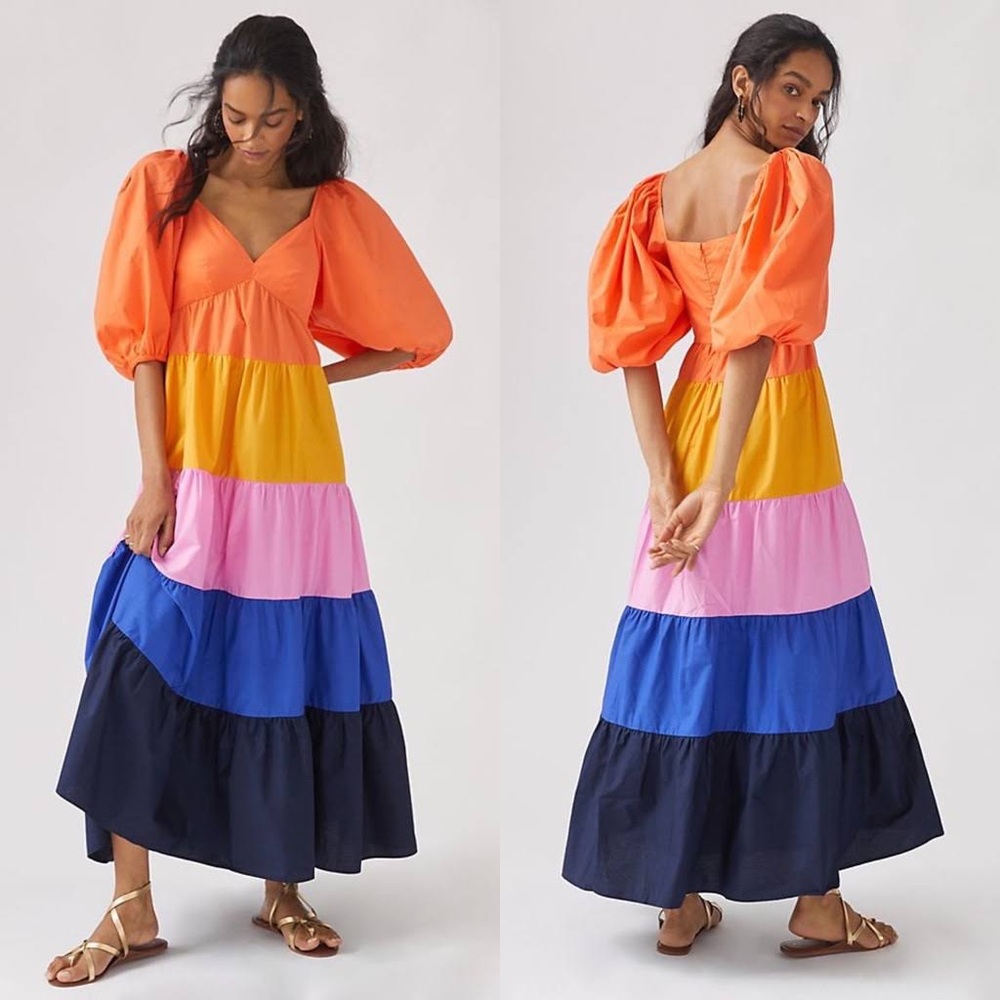 Farm Rio Tiered Puff Sleeve Colorblock Maxi Dress - XL